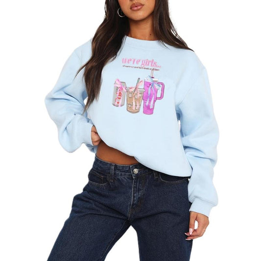 Women Loose Sweatshirts Cute Water Cup Print Crew Neck Long Sleeve Pullovers Casual Fall Workout Tops Autumn Streetwear