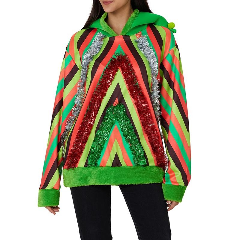 Women Men Christmas Hoodie, Long Sleeve Tree Hooded Sweatshirt Contrast Color Cosplay Costume