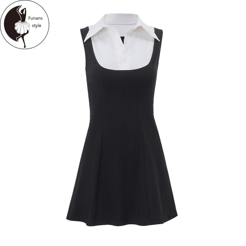 Women Mini Dress Sleeveless Contrast Color Patchwork A-line Dress Summer Dress for Club Party