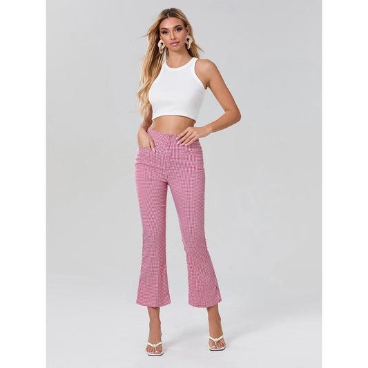 Women Plaid Pants High Waist Trousers Spring Summer Fashion Casual Sweatpants Slim Fit Slightly Flare Pants Womenswear Bottom Check Polyester