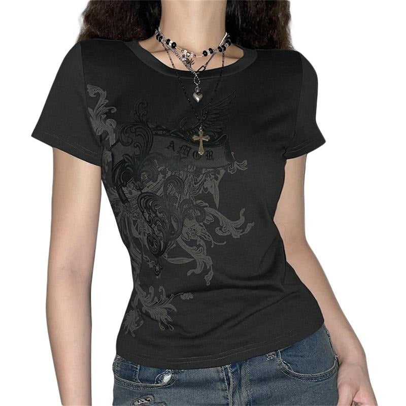 Women Short Goth T-shirt, Slim-fit Contrast Color Floral Print Short Sleeve Round Neck Pullover Casual Summer