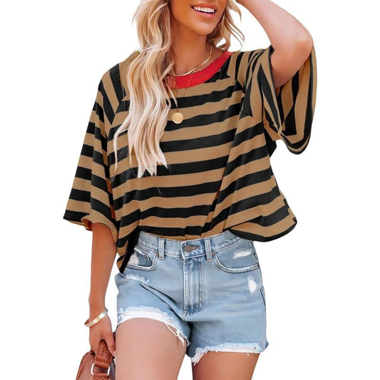 Women Short Sleeve T-Shirts Stripe Contrast Color Round Neck Shirts Summer Casual Loose Fit Tops Streetwear Womenswear Check