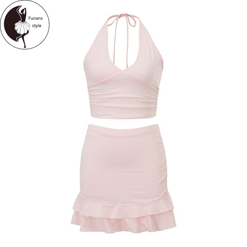 Women Skirt Set, Tie-up Halterneck Backless Vest with Ruffled Mini Bodycon Skirt Summer Outfit