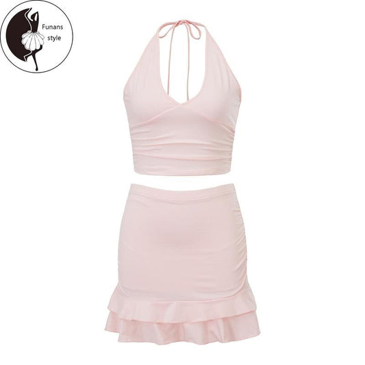 Women Skirt Set, Tie-up Halterneck Backless Vest with Ruffled Mini Bodycon Skirt Summer Outfit