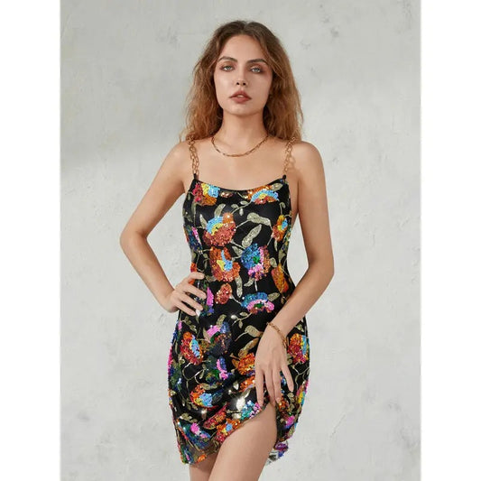 Women Sling Dress, Sleeveless Backless Sequined Flower Club Party  Dress Casual Comfort