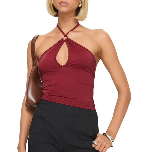 Women Solid Color Tank Tops Hollow-Out Tie-Up Halter Neck Sleeveless Casual Vests Summer Fashion Backless Tops Streetwear Polyester Womenswear