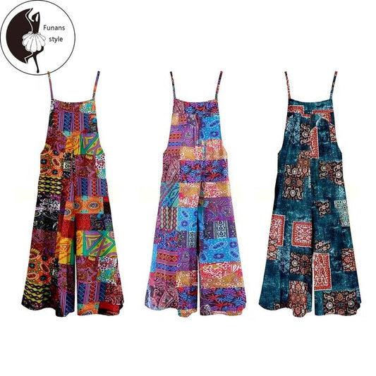 Women Spaghetti Strap Jumpsuits Retro Ethnic Print Sleeveless Summer Wide-Leg Rompers Overalls