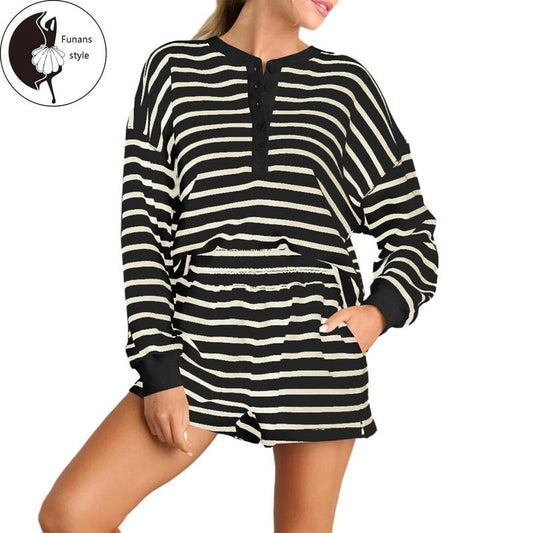 Women Striped Shorts Set, Long Sleeve T-shirt with Elastic Waist Shorts Summer Outfit