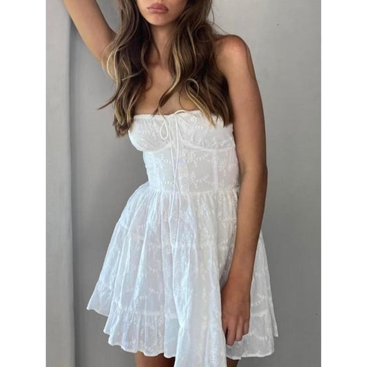 Women Summer Casual A-line Dress Lace Strapless Boat-Neck Wrap Chest Tie-Up Sweet Dress Fashion Backless Mini Dress Cotton Sleeveless Womenswear Check Light Underwear