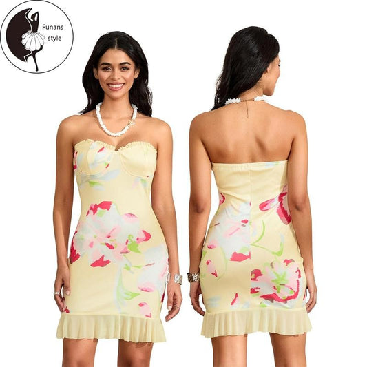 Women Summer Mini Bandeau Dress Sleeveless Off Shoulder Flower Print Tube Top Dress