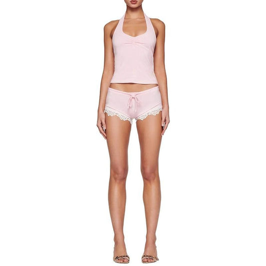 Women Summer Shorts Outfits Solid Color Halter Neck Sleeveless Tank Tops and Lace Trim Shorts 2 Pieces Clothes Set Womenswear Check Light Overalls