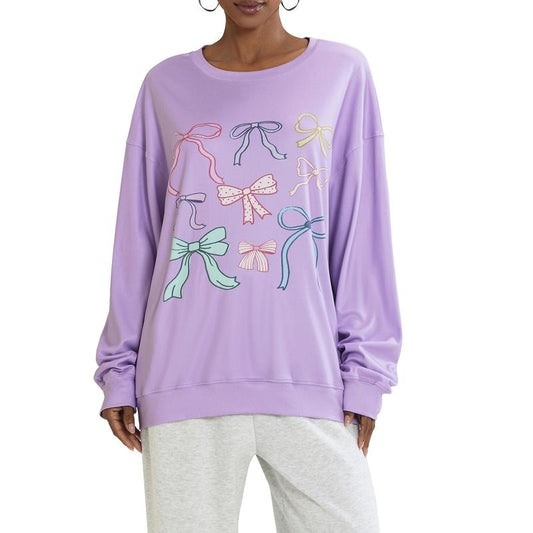 Women Sweatshirt, Long Sleeve Crew Neck Bowknot Print Hoodie Pullover Casual Tops