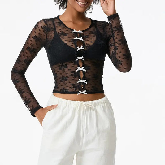 Women T-shirt, Long Sleeve Crew Neck Bows Hollowed See-through Lace TopsClubwear