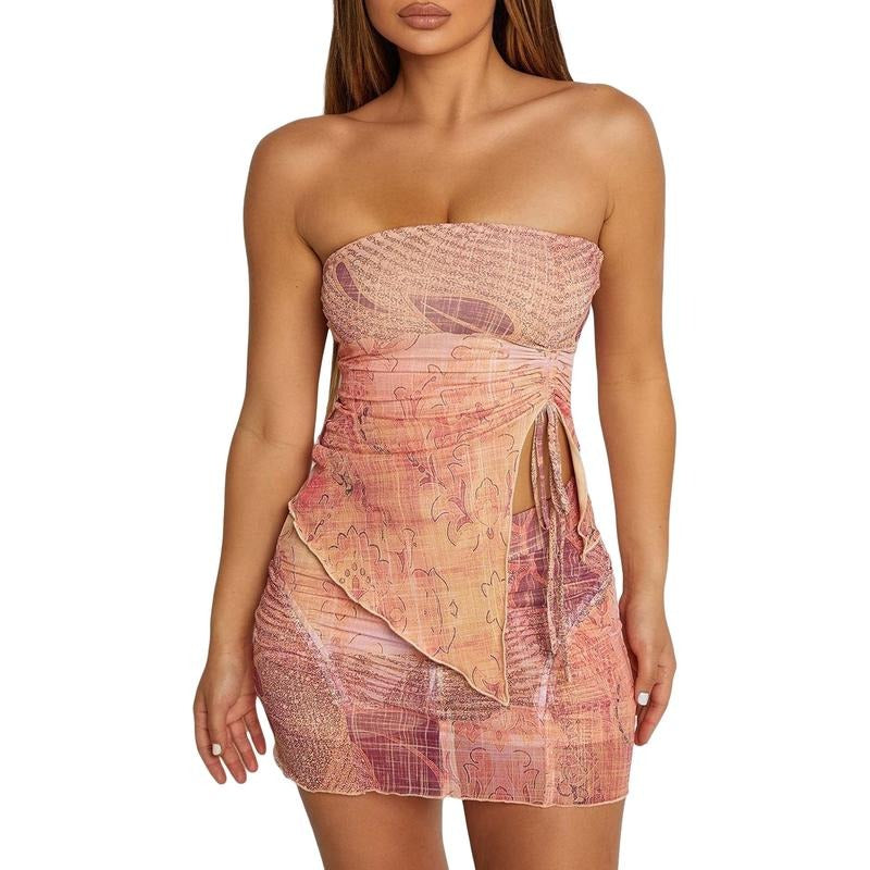 Women Tops Skirt Suit, Sleeveless Wrap-Chest Split Vest Shirt + Summer Casual Short Skirt Outfit Spring Womenswear