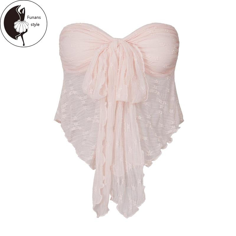 Women Tube Tops Lace Flower Twist Knot Front Strapless Tops Summer Fashion Backless Bandeau Shirts Streetwear