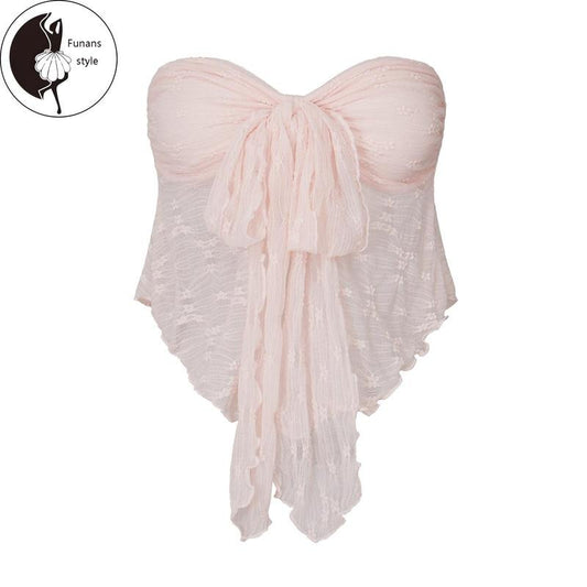 Women Tube Tops Lace Flower Twist Knot Front Strapless Tops Summer Fashion Backless Bandeau Shirts Streetwear