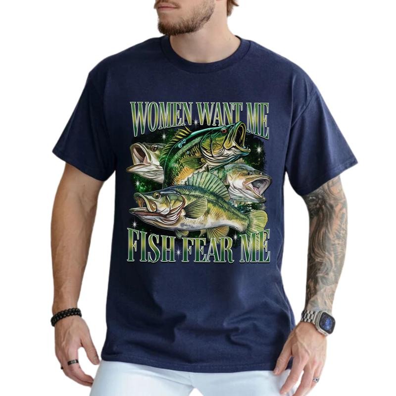 Women Want Me Fish Fear Me Vintage Fishing Shirt for Men, Funny Bass Fish Tee, Fisher Tops, Bass Lovers Tshirt, Fisherman Gift Ideas, Classic Menswear