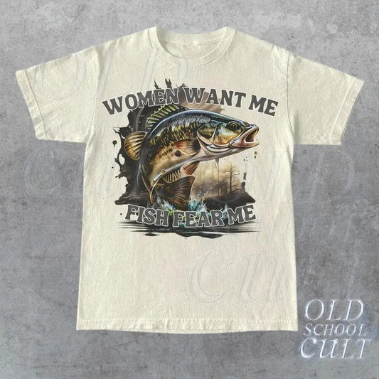 Women Want Me Fish Fear Me Vintage T-Shirt, Retro Drawing T Shirt, Meme T Shirt, Sarcastic T Shirt, Unisex Tee, Fisher Shirt, Fisher Gifts