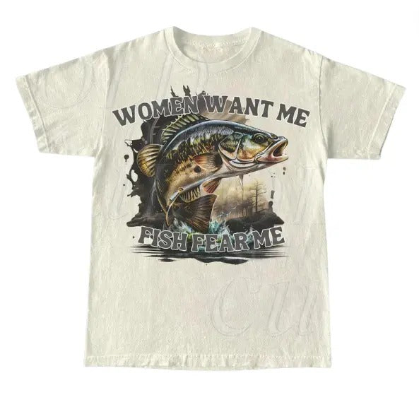 Women Want Me Fish Fear Me Vintage T-Shirt, Retro Drawing T Shirt, Meme T Shirt, Sarcastic T Shirt, Unisex Tee, Fisher Shirt, Fisher Gifts, Funny Shirt, Summer Shirt Menswear Top Underwear Tshirt Streetwear
