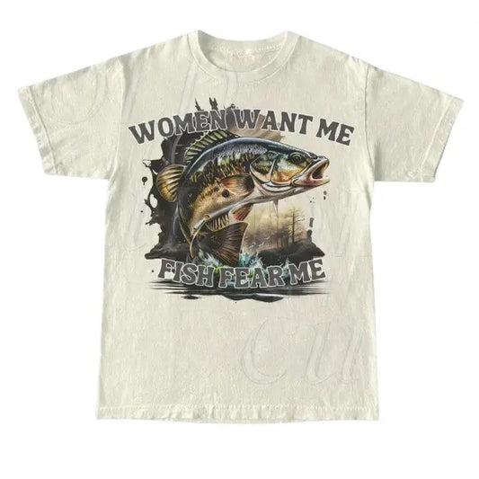 Women Want Me Fish Fear Me Vintage T-Shirt, Retro Drawing T Shirt, Meme T Shirt, Sarcastic T Shirt, Unisex Tee, Fisher Shirt, Fisher Gifts, Funny Shirt, Summer Shirt Menswear Top Underwear Tshirt Streetwear