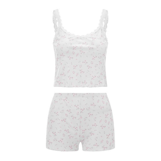 Women's 2 Piece Pajama Set Sleeveless Lace Trim Cami Tops Floral Shorts Sleepwear Sets Loungewear Cotton