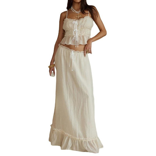 Women's 2 Piece Skirt Outfits Sleeveless Ruffle Trim Camisole Long Tie Up Skirt Set Womenswear Check