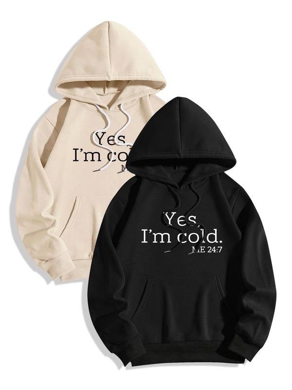 Women's 2pcs Slogan Print Pocket Drawstring Hoodie, Casual Long Sleeve Hooded Pullover For Fall & Winter, Women's Clothes For Daily Wear