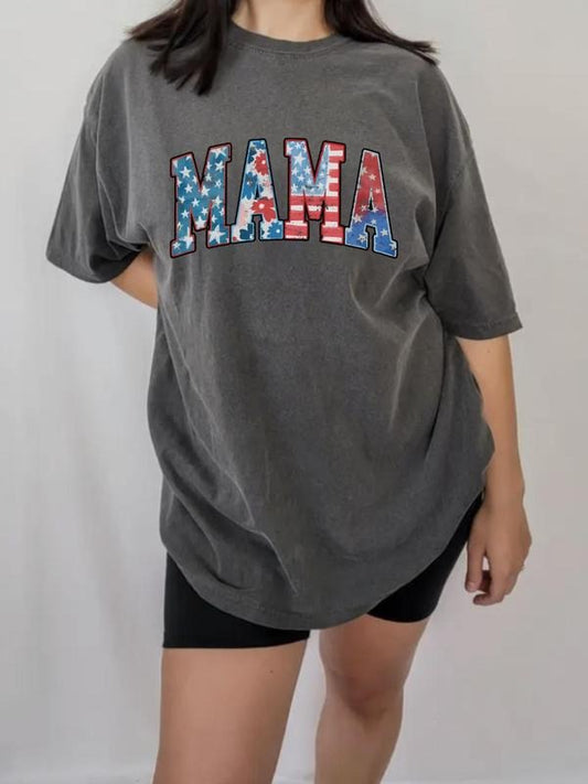 Women's American Flag & Mama Print Round Neck Tee, Casual Figure Graphic Short Sleeve T-shirt for Summer, Women's Top for Daily Wear