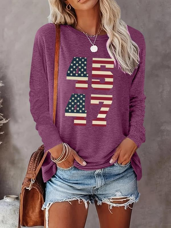 Women's American Flag & Number Print Round Neck Tee, Casual Long Sleeve Crew Neck T-shirt for Daily Wear, Ladies Clothes for All Seasons