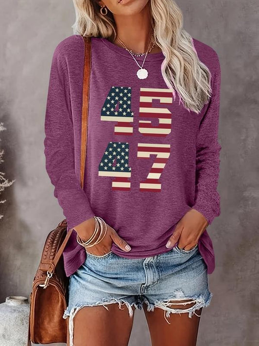 Women's American Flag & Number Print Round Neck Tee, Casual Long Sleeve Crew Neck T-shirt for Daily Wear, Ladies Clothes for All Seasons
