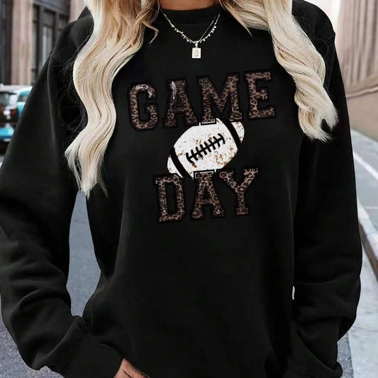 Women's American Football & Letter Print Crew Neck Sweatshirt, Casual Drop Shoulder Long Sleeve Pullover, Women's Fall & Winter Clothes for Daily Wear