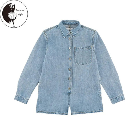 Women's Autumn Denim Jumpsuit Blue Collar Long Sleeve Button-Up Fashion Bodysuits
