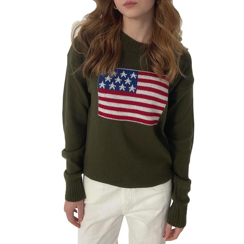Women's Autumn Loose Knit Tops America Flag Print Long Sleeve Round Neck Sweaters Knitwear Womenswear Navy