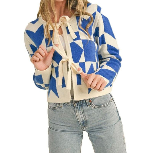 Women's Autumn Sweater Cardigan Geometric Pattern Print Long Sleeve Tie Front Knitwear
