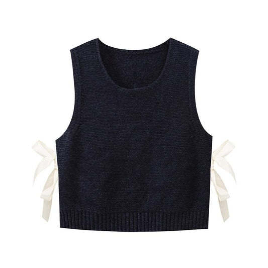 Women's Autumn Winter Knit Sweater Vest Solid Color Round Neck Side Tie Up Knitwear
