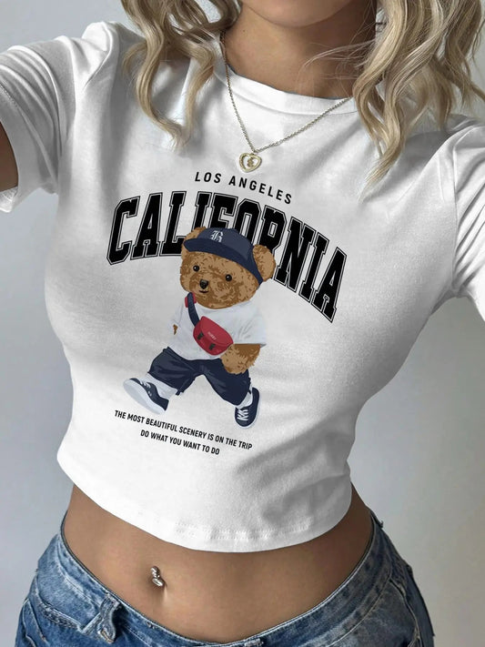 Women's Bear & Letter Print Round Neck Crop Tee, Casual Fashion Crew Neck T-shirt for Daily Holiday Vacation Outdoor Wear, Ladies Clothes for All Seasons