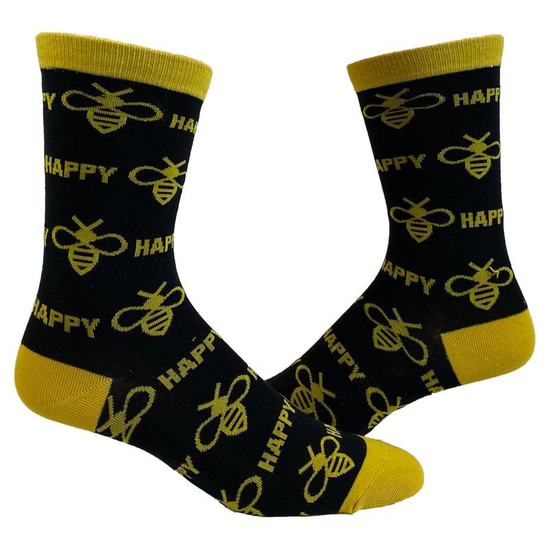 Women's Bee Happy Novelty Socks Funny Bumble Bee Motivational Graphic Footwear Funny Graphic Socks Comfortable Fitted Spandex Cotton