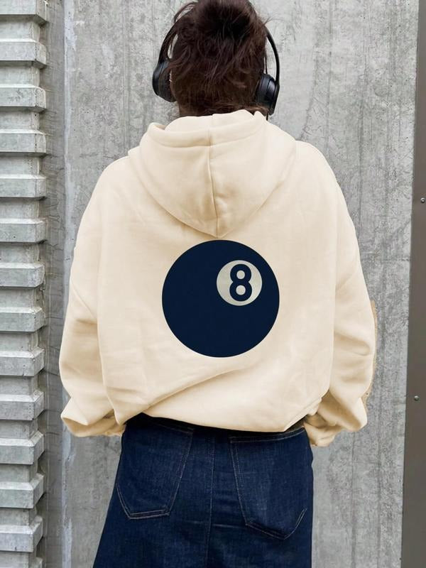 Women's Billiards & Number 8 Print Drop Shoulder Hoodie, Casual Drawstring Pocket Hooded Sweatshirt for Daily Holiday Wear, Women Clothing for Fall & Winter