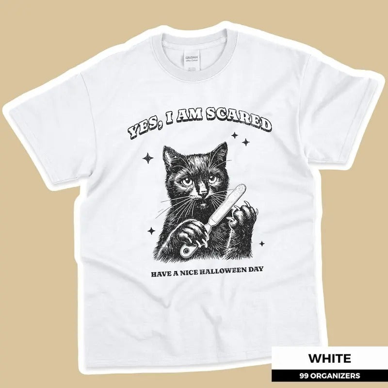 Women's Black Cat Halloween Shirt, Funny Creepy Cat Art, Spooky Salem Witch Black Cat Tee Cotton Top