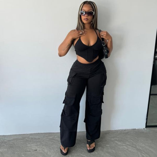 Women's Black Sweat Cargo Multi Pocket Pants, Loose-Fitting Style, Elastic Waist, Casual Outfit, Machine Washable, Mid Waist Design - Fabric, Trouser, Womenswear, Bottom, Comfortable, Basic