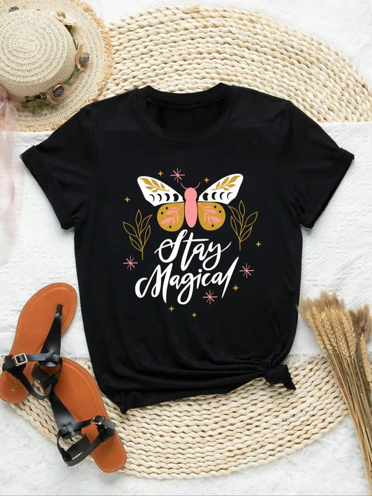 Women's Butterfly & Letter Print Round Neck Tee, Vintage Trendy Casual Short Sleeve T-shirt for Daily Wear, Ladies All Seasons Outfit