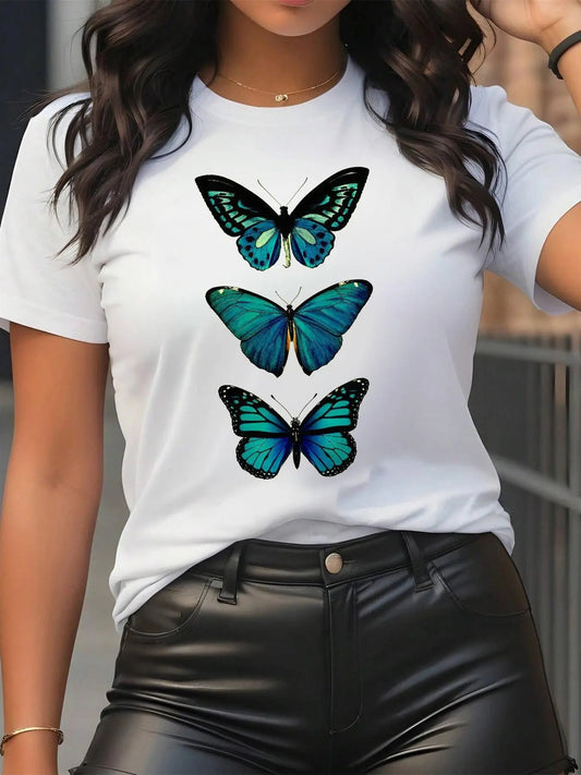 Women's Butterfly Print Round Neck Tee, Casual Short Sleeve Crew Neck T-Shirt for Summer, Fashion Women's Top for Daily Wearstyle{n002}2