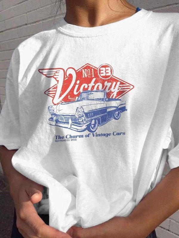 Women's Car & Letter Print Round Neck Tee, Vintage Trendy Casual Short Sleeve T-shirt for Daily Wear, Ladies All Seasons Clothes