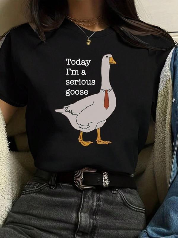 Women's Cartoon Goose Print Round Neck Graphic Tee, Vintage Trendy Casual Short Sleeve T-shirt for Daily Wear, Ladies Summer Outfit