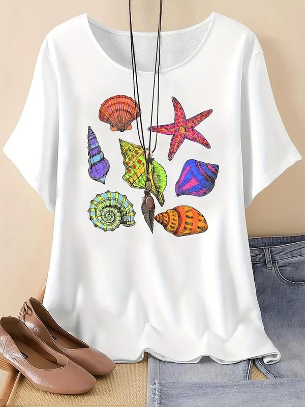 Women's Cartoon Shell Print Round Neck Graphic Tee, Vintage Trendy Casual Short Sleeve T-shirt For Daily Wear, Ladies Summer Outfit