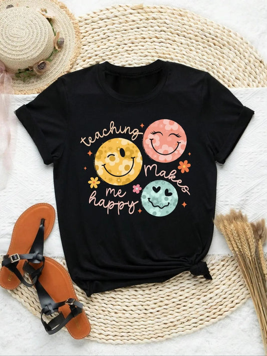 Women's Cartoon Smile Face & Letter Print Round Neck Graphic Tee, Vintage Trendy Casual Short Sleeve T-shirt for Daily Wear, Ladies All Seasons Outfit