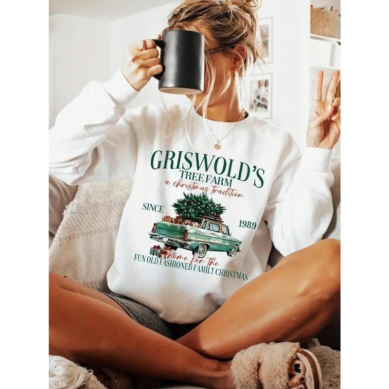 Women's Casual Crew Neck Sweatshirt with Vintage Car & Letter Print, 100% Polyester Knit Fabric, Casual Style, Long Sleeve Pullover for FallWinter