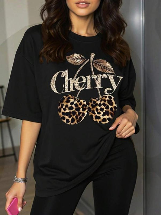 Women's Cherry & Leopard Print Round Neck Tee, Casual Glitter Letter Print Short Sleeve T-shirt for Daily Wear, Ladies Clothes for All Seasons, Top