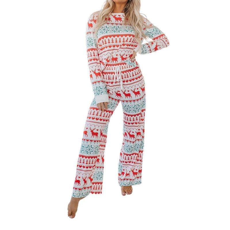 Women's Christmas Pajama Set, Reindeer Print Round Neck Long Sleeve Tops Drawstring Long Pants