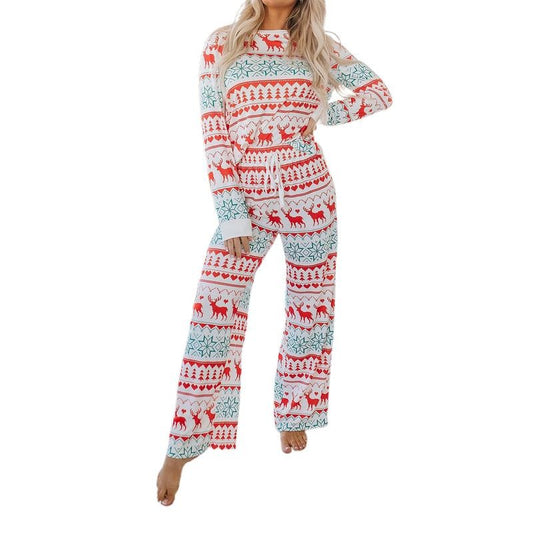 Women's Christmas Pajama Set, Reindeer Print Round Neck Long Sleeve Tops Drawstring Long Pants